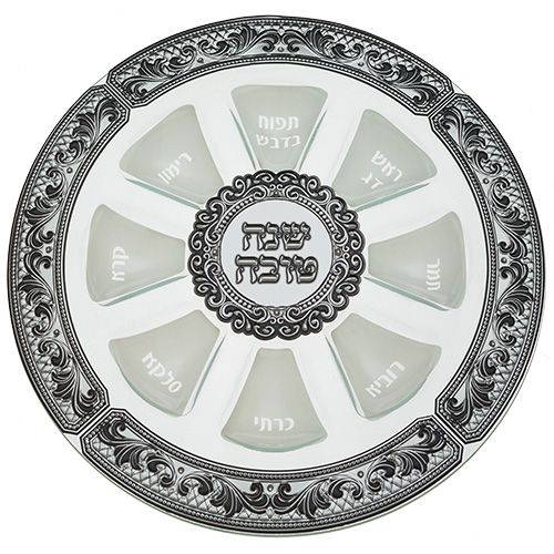 צלחת סימנים מהודרת מזכוכית לראש השנה עם פלקטות "עיטורים" - 35 ס"מ צלחת סימנים מהודרת מזכוכית לראש השנה עם פלקטות "עיטורים" - 35 ס"מ