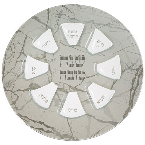 צלחת זכוכית מהודרת לראש השנה "שיש" אפור ולבן - 35 ס"מ צלחת זכוכית מהודרת לראש השנה "שיש" אפור ולבן - 35 ס"מ
