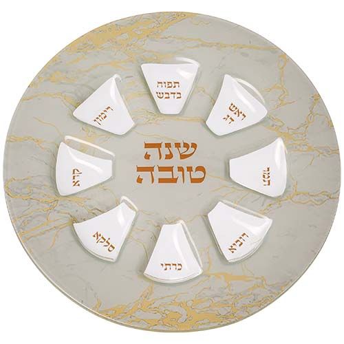 צלחת סימנים מהודרת מזכוכית לראש השנה "שיש" זהב ולבן - 35 ס"מ צלחת סימנים מהודרת מזכוכית לראש השנה "שיש" זהב ולבן - 35 ס"מ