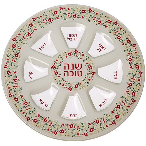 צלחת סימנים מהודרת מזכוכית לראש השנה "רימונים אדומים" - 35 ס"מ צלחת סימנים מהודרת מזכוכית לראש השנה "רימונים אדומים" - 35 ס"מ