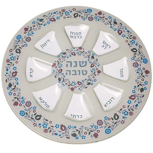 צלחת סימנים מהודרת מזכוכית לראש השנה "רימונים ופרחים" - 35 ס"מ צלחת סימנים מהודרת מזכוכית לראש השנה "רימונים ופרחים" - 35 ס"מ