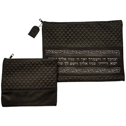 סט נרתיקים לטלית ותפילין דמוי עור שחור אותיות בולטות "ברכת כהנים" כסף סט נרתיקים לטלית ותפילין דמוי עור שחור אותיות בולטות "ברכת כהנים" כסף